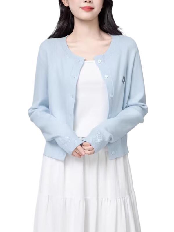 短款奶蓝色圆领针织开衫外套女2025春秋新款法式温柔长袖外搭上衣|undefined