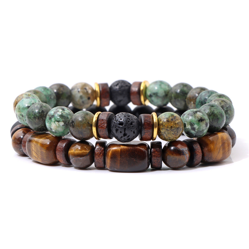 2021 European and American Natural Stone Bracelet Men's Tiger Eye stone beads double-layer combination set bracelet cross-border hot selling