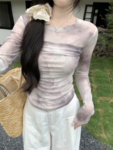 辣妹晕染圆领长袖T恤女夏季2025新款时尚修身显瘦小众打底上衣潮