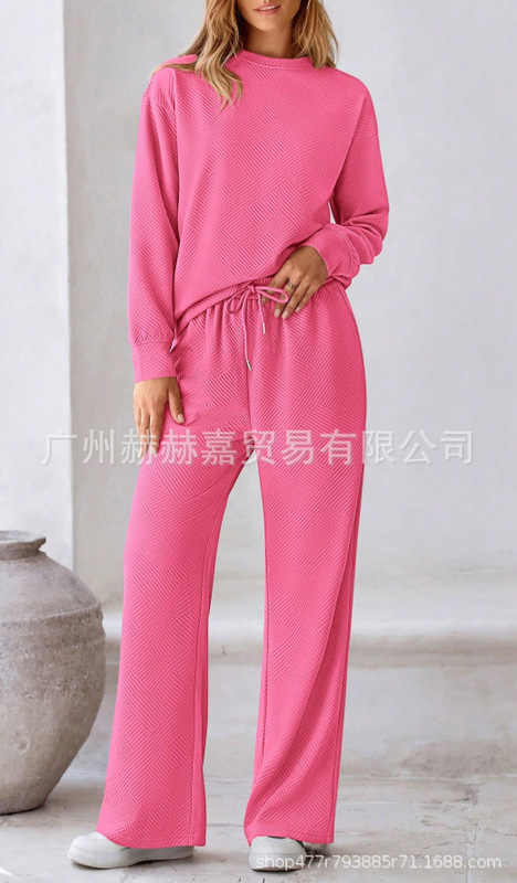 现货2025欧美宽松简约纯色休闲套装女秋冬季新款纹理抽绳运动装女|undefined