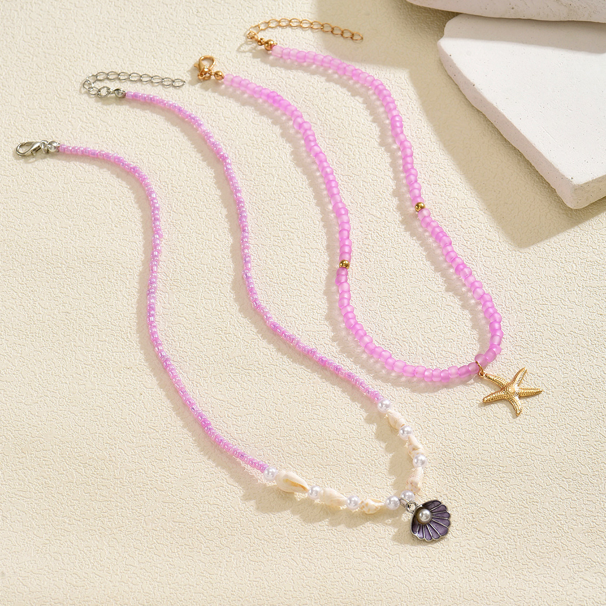 Layered Choker Necklace With Shell & Purple Beads In Alloy Style_voghion.com