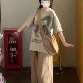 盐系少女学院风运动服套装女夏季洋气减龄休闲宽松短袖长裤两件套
