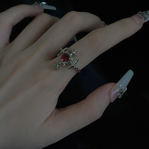 Hip-hop individual niche design dark cross opening ring for women with heart-shaped red zirconia trendy cool fashion finger ring