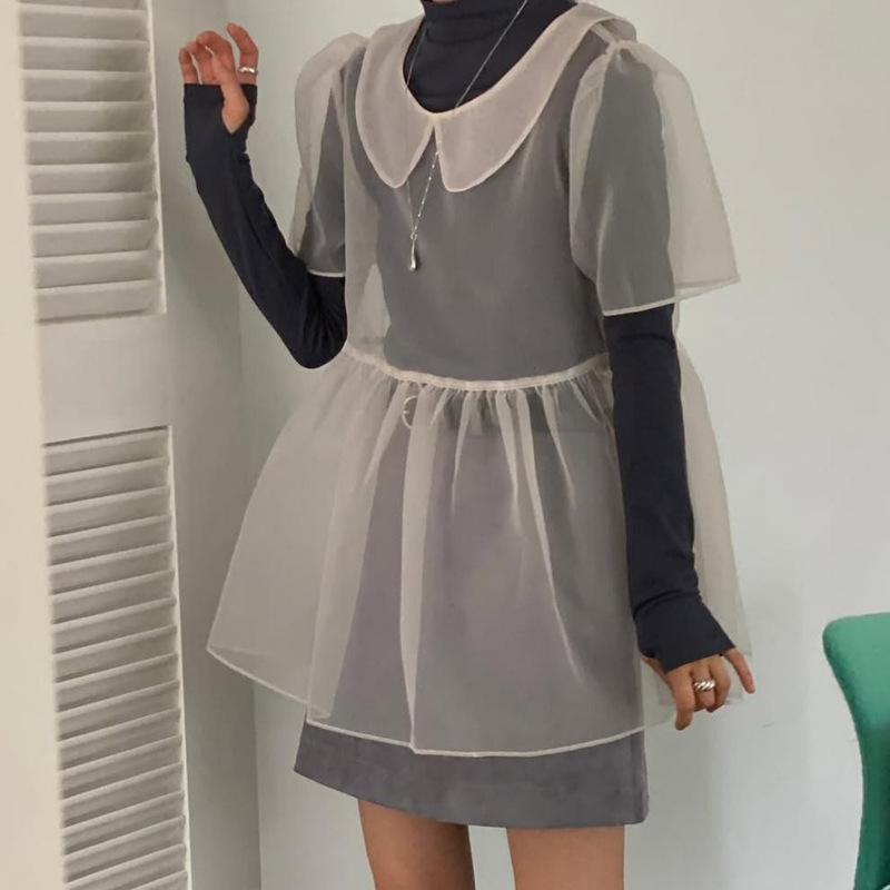 Chin Age-Reducing Doll Collar Shirt See-Through Outer Top Chin Age-Reducing Doll Collar Shirt See-Through Outer Top