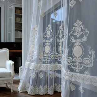 French-Style Light Luxury Embroidered Sheer Curtains, Vintage Luxury Bedroom and Living Room High-End Curtains, Embroidered Window Sheer, American and European Villa