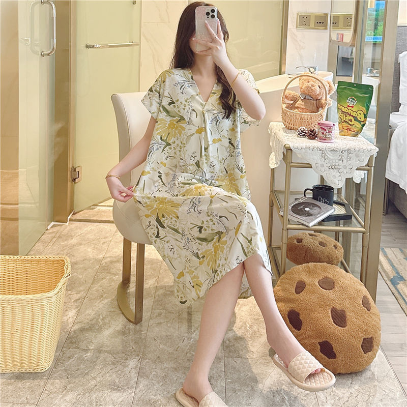 Camisón de seda de algodón para mujer verano nuevo Pijama estampado de dibujos animados de manga corta estilo coreano más tamaño ropa para el hogar suelta de seda de algodón delgada