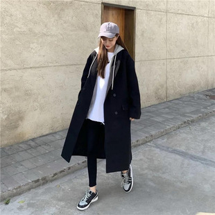 Fake Two-Piece Woolen Outwear 2024 Autumn and Winter Korean Style Loose Mid-Length Splicing Hooded Thickeneded Woolen Outwear for Women