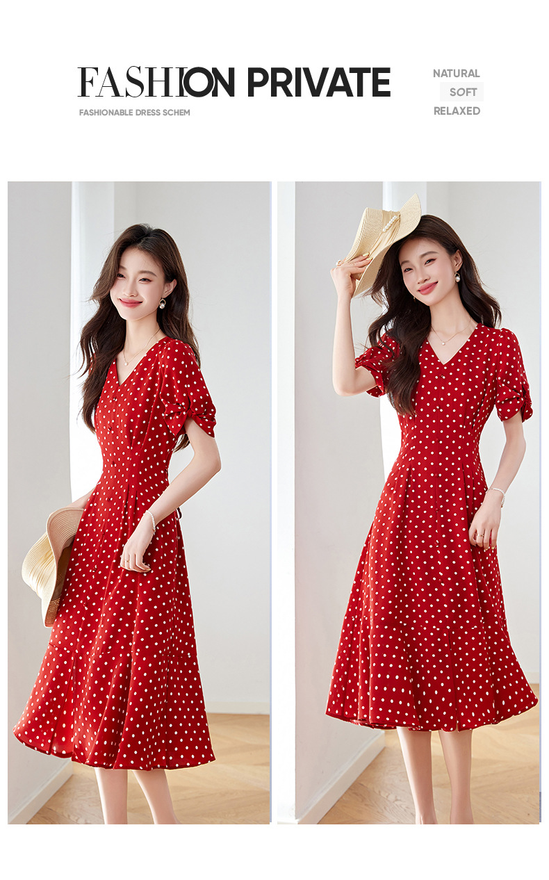 Váy liền chấm bi cổ chữ V dáng dài chiết eo thon gọn — Màu đen, Màu trắng, Màu đỏ chi tiết 15