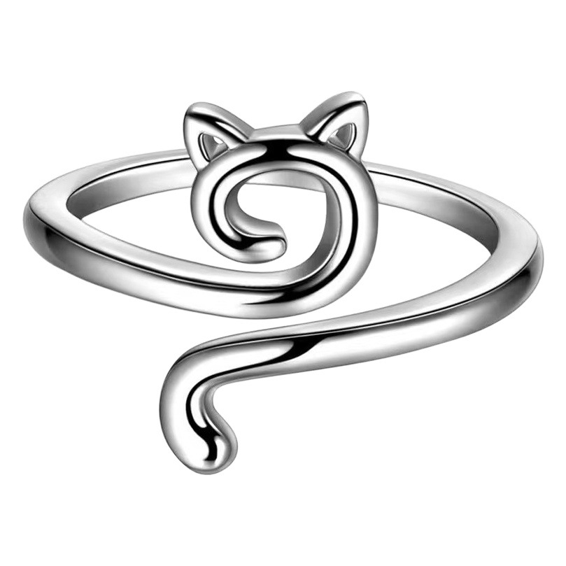 Cross-border hot sale European and American hook line geometric cat ring opening adjustable animal ring knitted jewelry with line