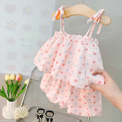 Children's Summer Set for Girls - 2241 Korean Version, Two-Piece Set Including Tank Top and Shorts with Heart Design, New Arrival Summer Clothing