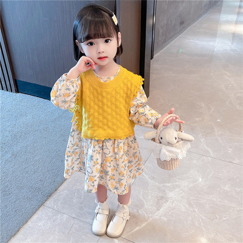 Girl's Yellow Backless Blouse with Floral Dress Set 2024 Spring and Autumn New Arrival Children's Korean Style Fashion Medium and Small Children's Stylish Two-Piece Set