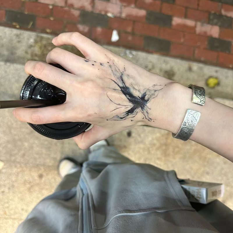 Blue and Black Splash Ink Butterfly High Color Value Niche Butterfly Tattoo Sticker Waterproof Long-lasting Wrist Collarbone Simulation Sweet and Cool New Style