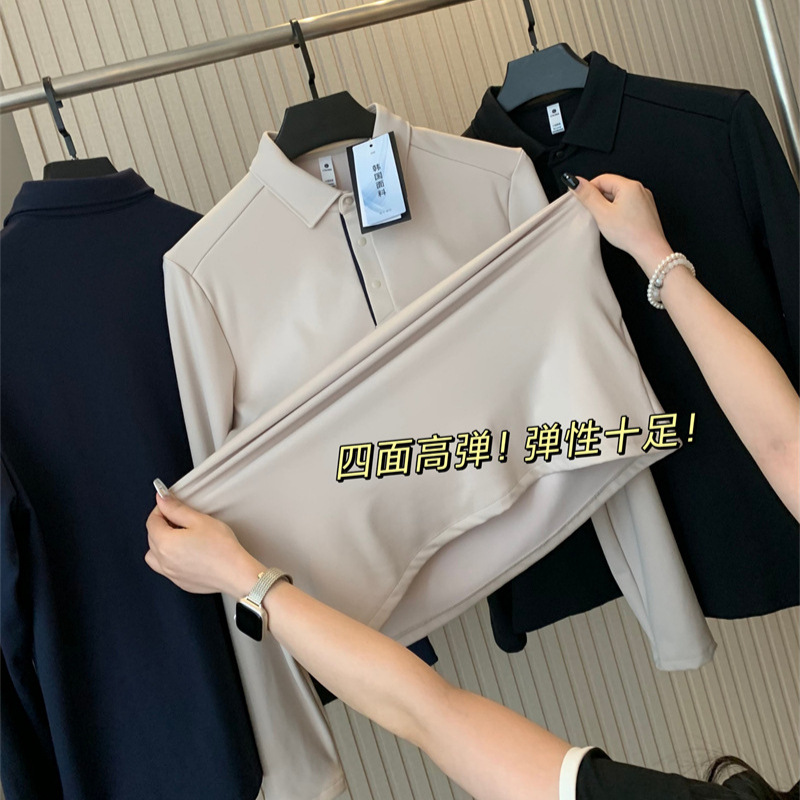 Di Tang Style! Offline 599! Autumn/Winter Smooth Glossy Solid Color Simple Versatile Collared Long-Sleeve POLO Shirt Base Layer for Men