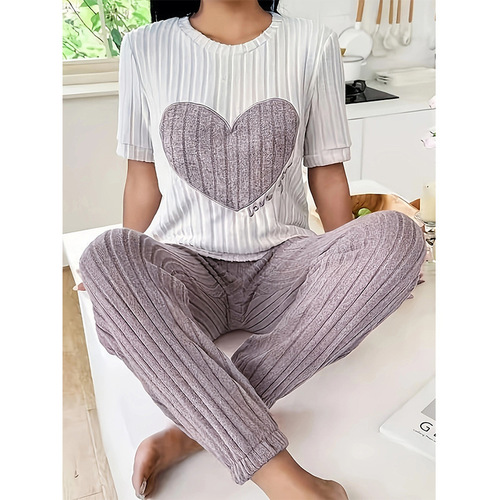 Sweet Heart Women's Set Autumn Style Crew Neck Short Sleeve Pants Two-Piece Comfort Pajamas Fashion