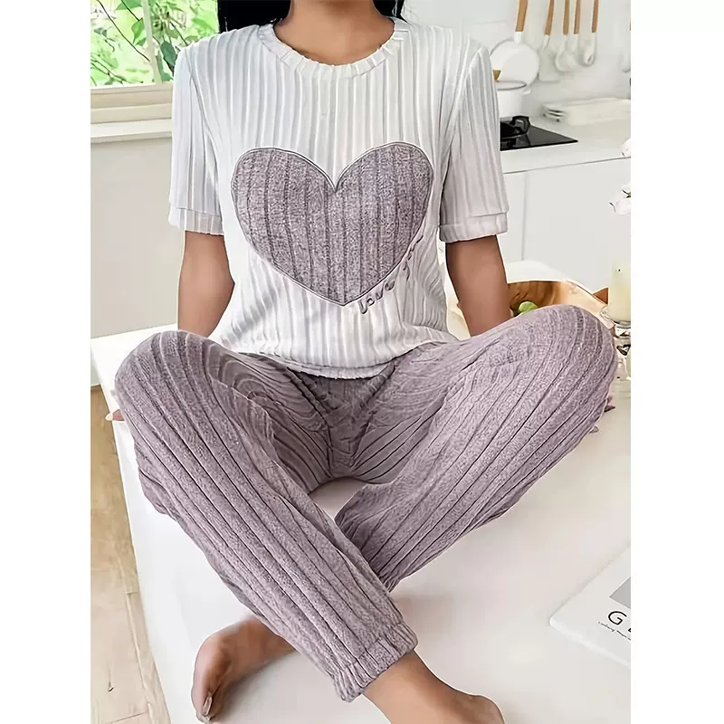 甜美爱心睡衣女套装秋季新款气质圆领短袖长裤两件套舒适家居服潮