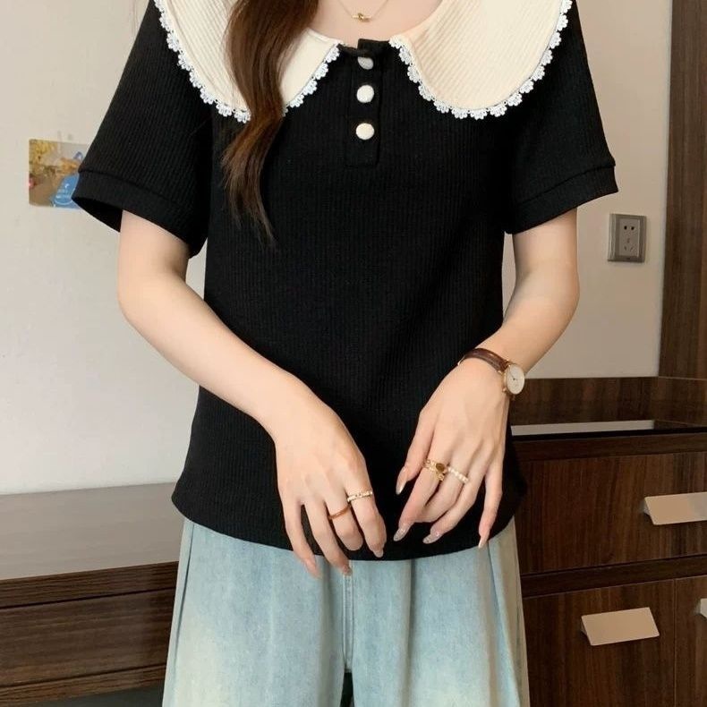 撞色娃娃领蕾丝花边短袖T恤男女2025夏季新款设计感弧形减龄上衣|undefined
