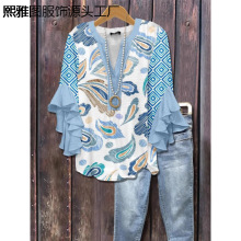 3D新品跨境创意花卉元素印花数码印花休闲潮流V领荷花边T恤女上衣