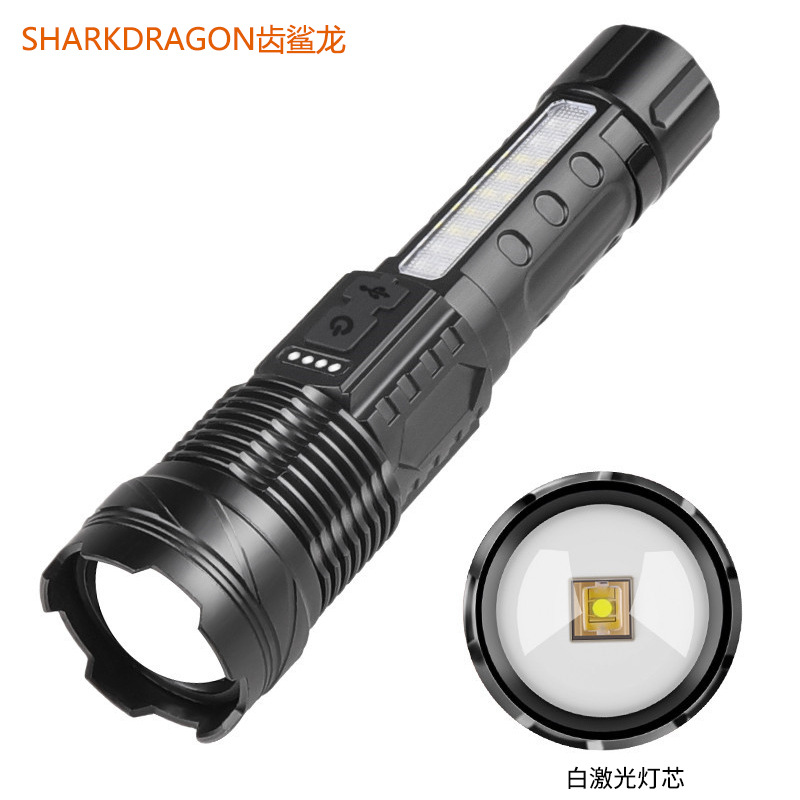 Cross-border new white laser flashlight outdoor zoom long-range red and blue warning side light multi-function LED flashlight