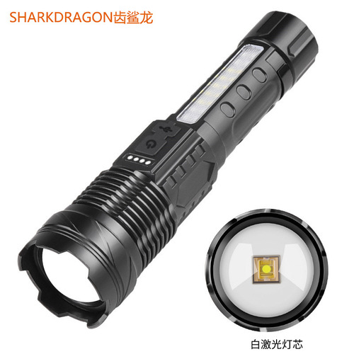 Cross-border new white laser flashlight outdoor zoom long-range red and blue warning side light multi-function LED flashlight