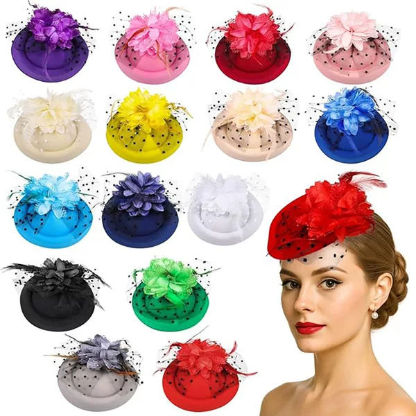 Retro Faux Wool Felt Hat, Pearl Feather Flower Hairpin, Black Dotted Large Mesh Headpiece Small Hat Hairpin
