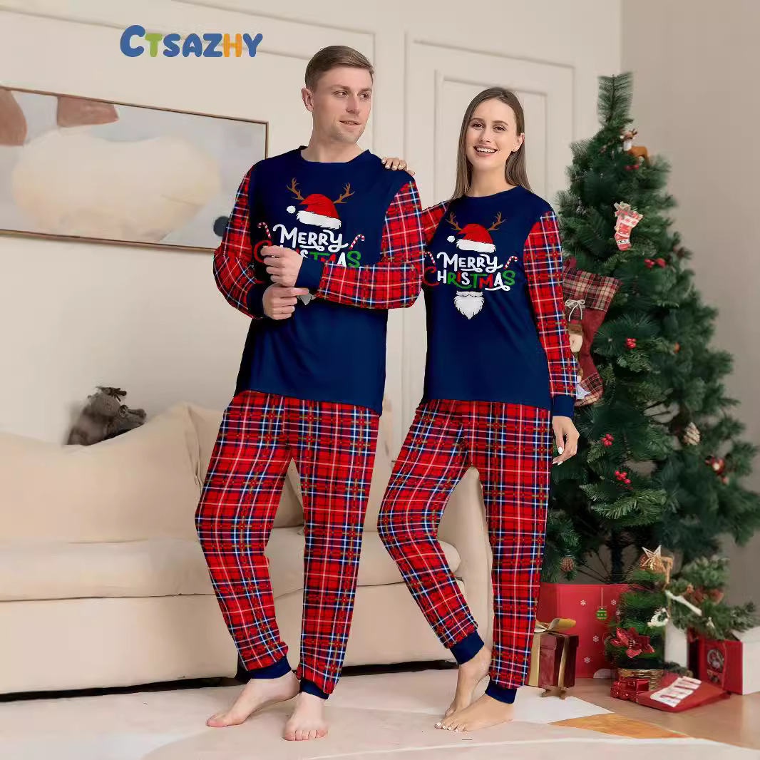 Χριστουγεννιάτικο καπέλο Άγιου Βασίλη καρό Χριστουγεννιάτικο οικογενειακό κοστούμι εμπριμέ πιτζάμες με ρούχα για το σπίτι_voghion.com