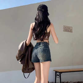 美式复古牛仔短裙裤子女夏季2025新款a字高腰辣妹显瘦设计感短裤