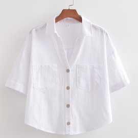 外贸2023欧美夏季新款时尚V领短袖单排扣白色短款棉麻衬衫女3280
