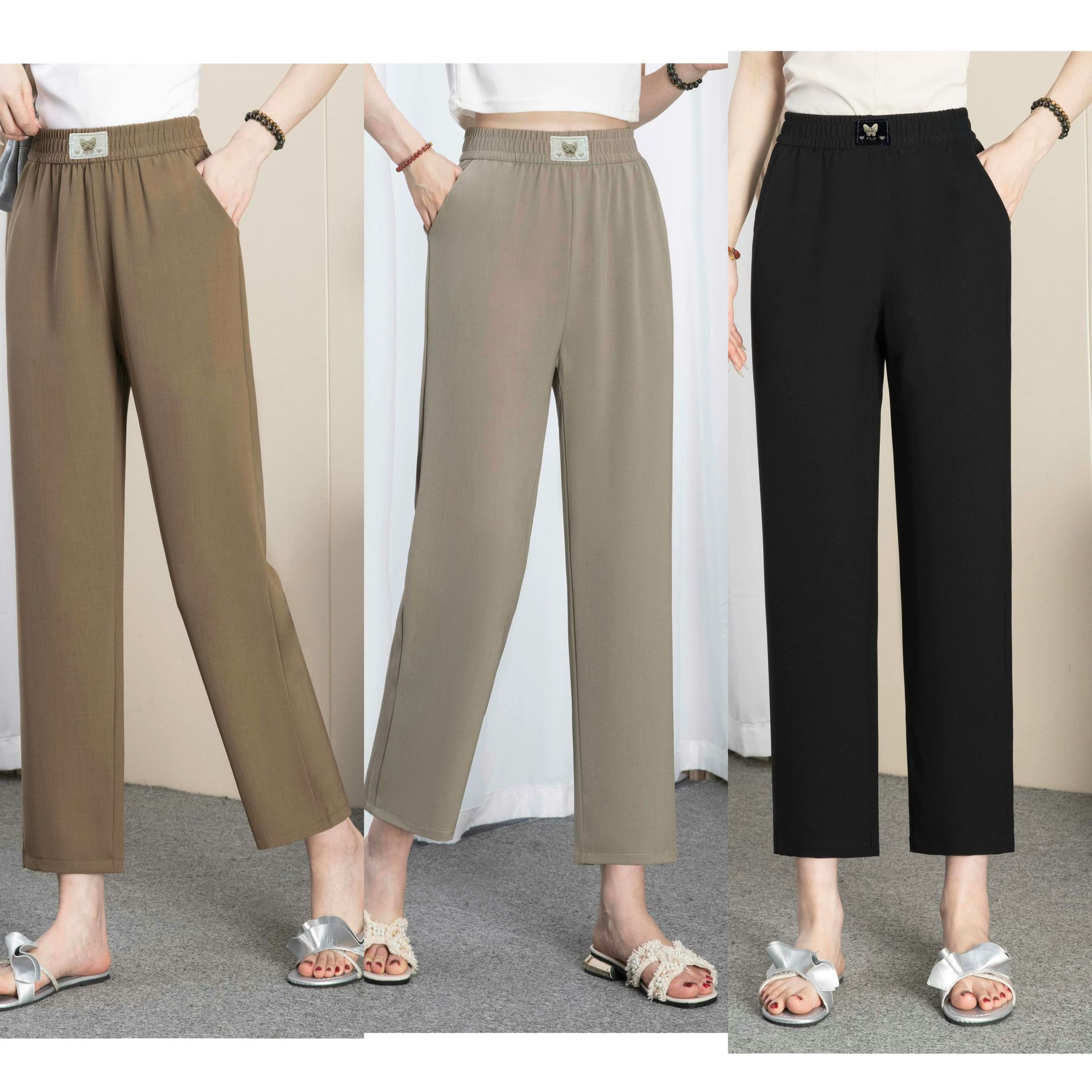 New Summer Women's Trousers, Thin, Loose, Middle-Aged and Elderly Women's Trousers, Crystal Linen Nine-Point Trousers, High-Waisted, Slim and Drapey Casual Trousers