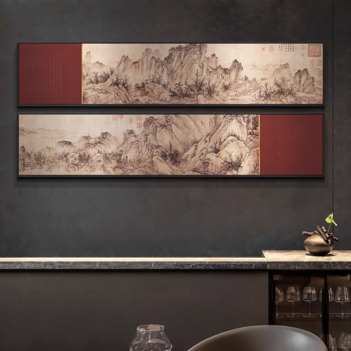 New Chinese restaurant landscape decorative painting hotel long irregular multi-union traditional Chinese painting tea room landscape background wall hanging painting