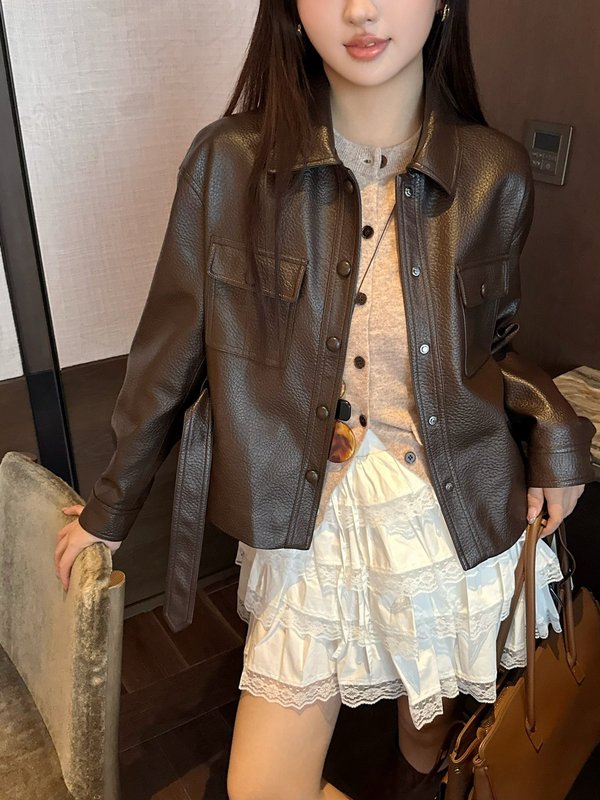 极简风绵羊皮革荔枝纹短上衣极简帅气外套深圳南油女装早秋上衣女|undefined