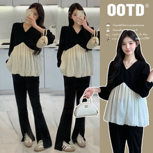 现货新款秋季孕妇上衣气质时尚V领黑白拼接长袖孕妇娃娃衫上衣