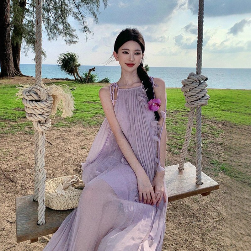 法式紫色花朵吊带连衣裙女夏季海边度假褶皱气质无袖优雅仙女长裙|undefined