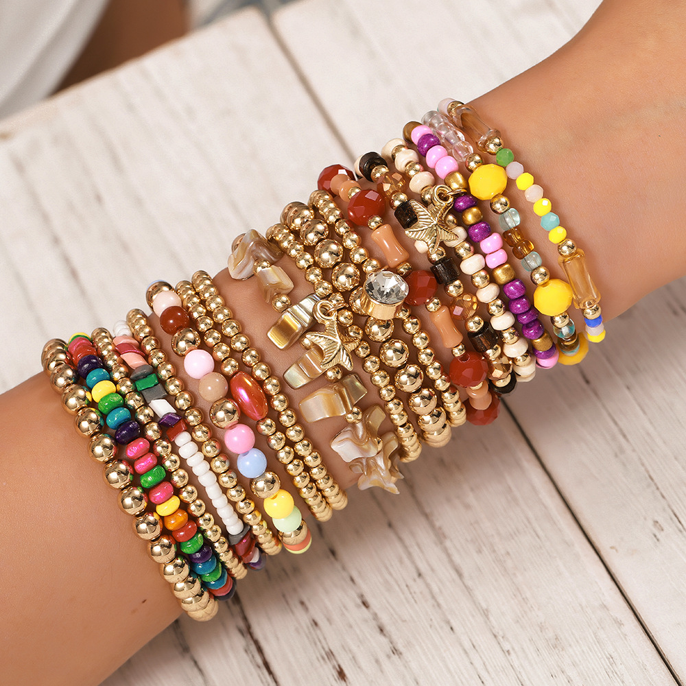 Handmade Beaded Bohemian Style Colorful Wooden Bead Bracelet Set Vacation Beach Shell Glass Bead Bracelet for Women