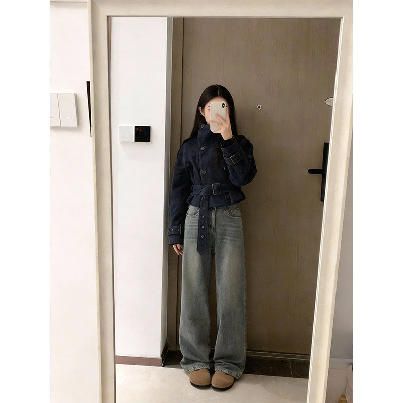 韩系双排扣廊形设计感夹克女春秋季新款系带收腰显瘦短款外套上衣