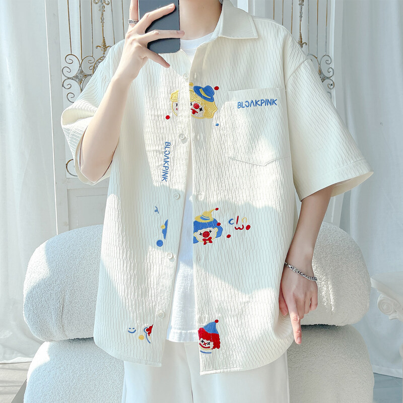 Childlike Embroidered Short-Sleeved Shirt for Men, Summer Trendy Brand American Style Handsome Shirt, Loose Trendy Five-Quarter Sleeve Casual Jacket
