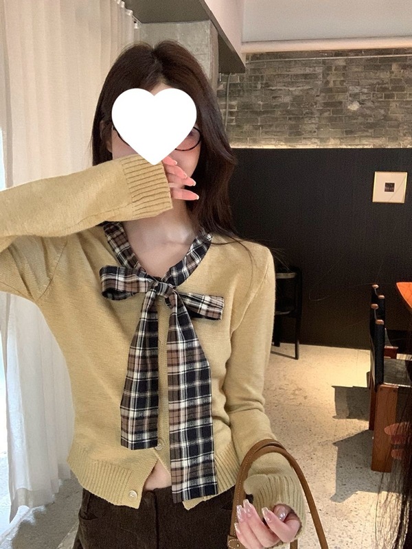 秋冬新款V领针织开衫女韩系穿搭假两件上衣外搭毛衣外套冰丝常规|undefined
