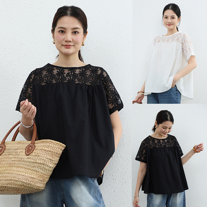 2024 Japanese Summer plus size Solid Color Lace Short-sleeved Shirt Top Stitching T-shirt Loose Elegant Doll Shirt