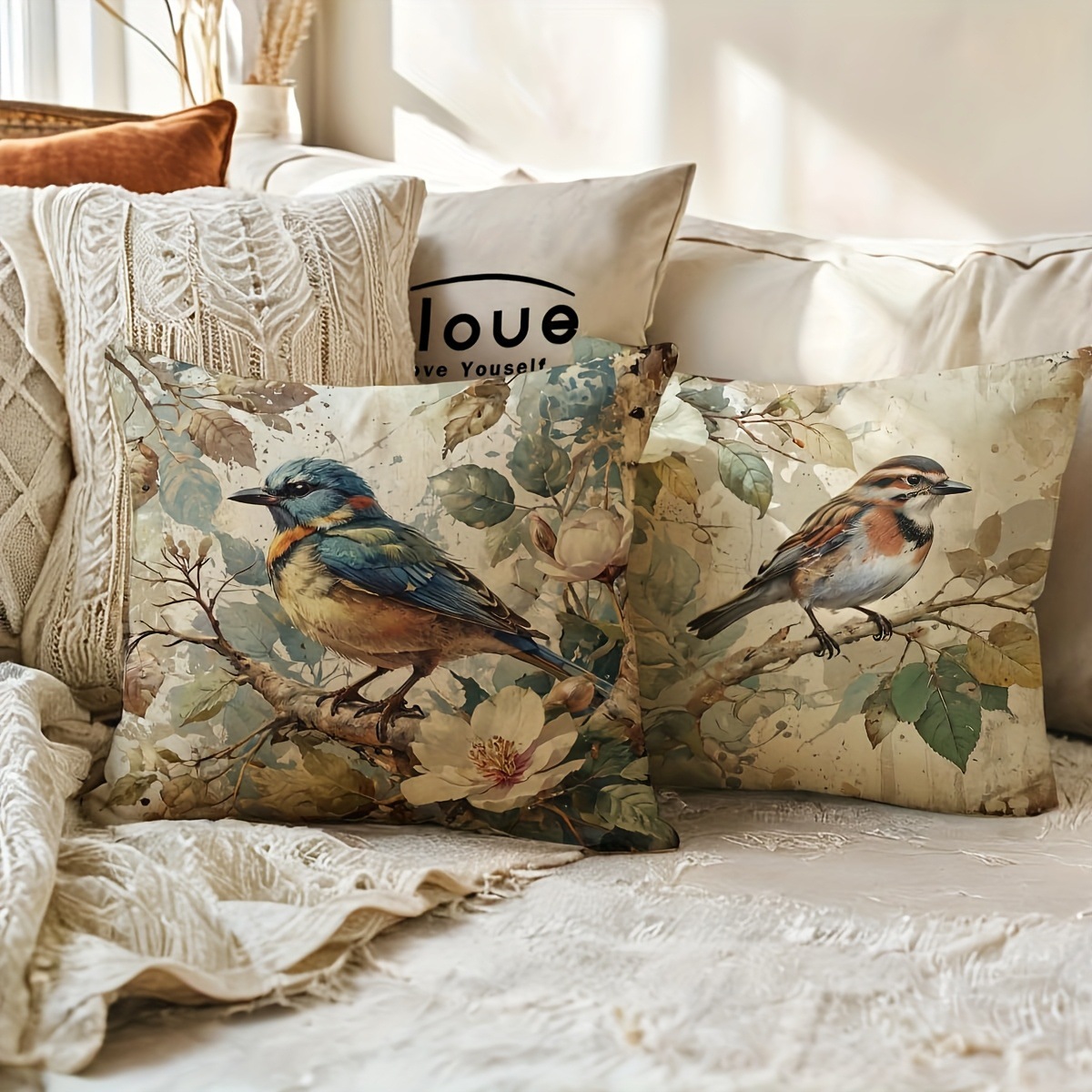 Funda de almohada de la serie de flores y pájaros retro transfronteriza, funda decorativa de cojín de sofá de sala de estar, funda de cojín de cabecera de dormitorio sin núcleo