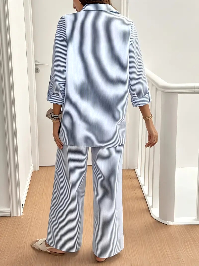 Women's Clothing Elegant Casual Striped Shirt And Straight Leg Trousers Two Piece Set_ecoleips.com