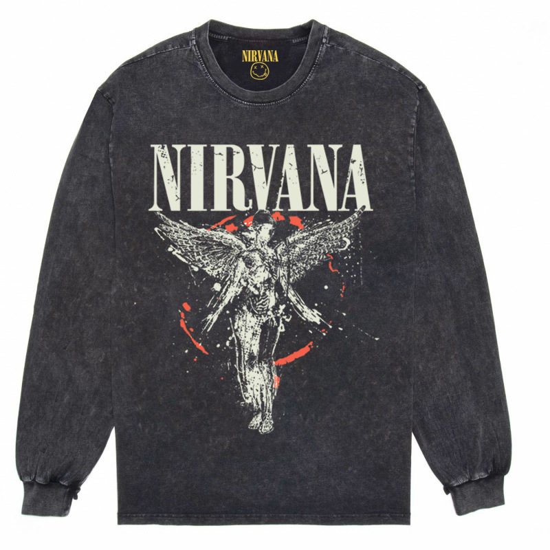 Nirvana Vintage American retro apenado rock punk angustiado lavado batik Camiseta de manga larga