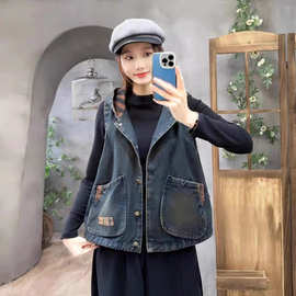 连帽牛仔马甲女春秋复古印花大口袋显瘦背心休闲短款开衫上衣外套