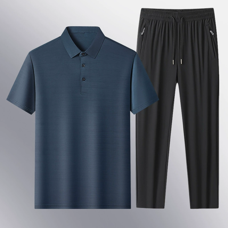 Популярные летние мужские деловые повседневные брюки-поло из ледяного шелка, костюм-двойка для спортивных и повседневных костюмов среднего и пожилого возраста