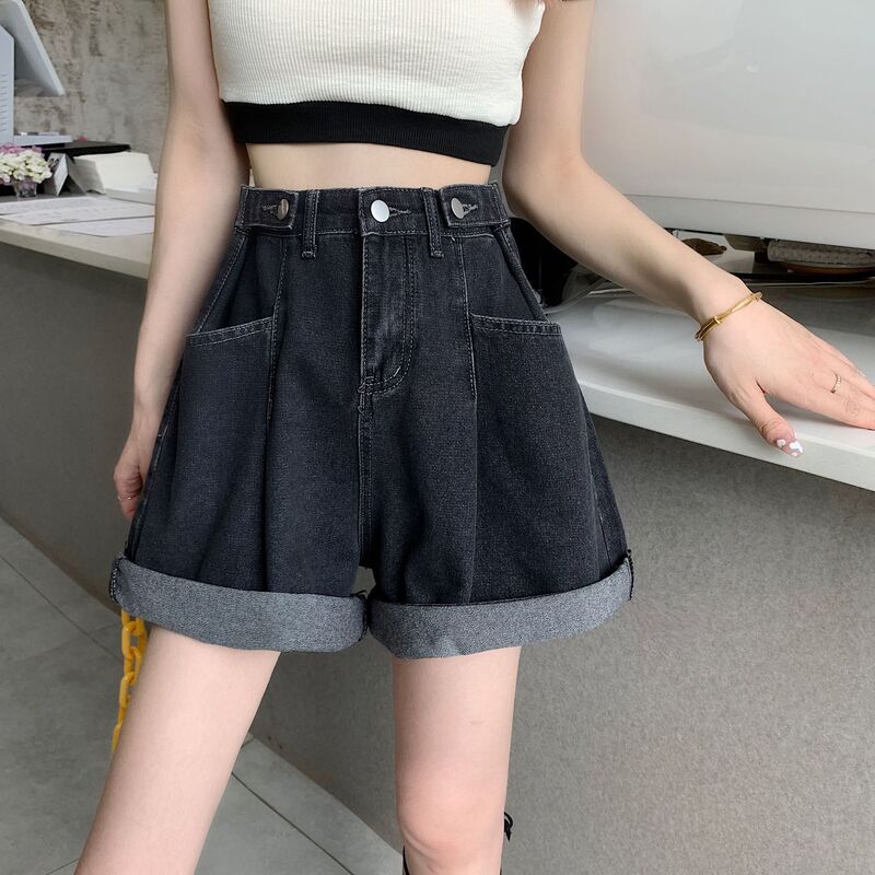Loose Black Trendy Women's Summer High-Waisted Slimming Straight Rolled-Up Thin Wide-Leg Denim Shorts