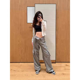 美式拉链工装裤lul裤子woven夏季薄款压皱高腰轻盈阔腿裤