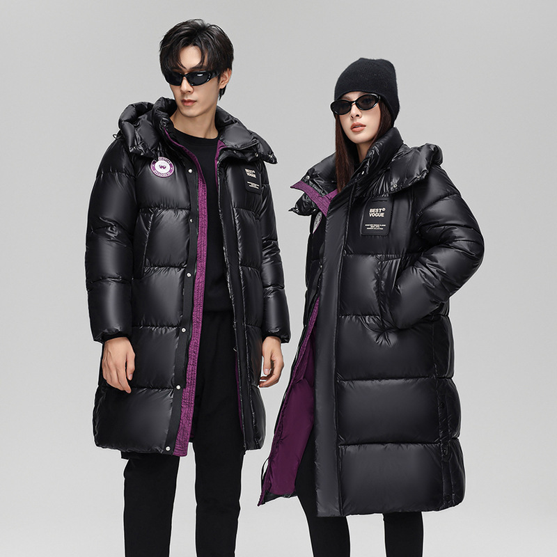 2025 ropa de algodón oro púrpura larga chaqueta de algodón para hombres y mujeres sobre la rodilla protector de comercio con gorras gruesas de pluma de oro negro image 1