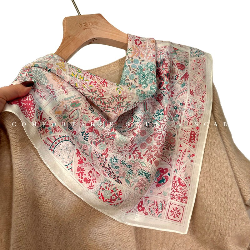Luxury Monet Garden Double Crepe Pure Silk Scarf For Women - Spring/Summer Versatile Mulberry Silk Square Neck Scarf - Thumbnail 5