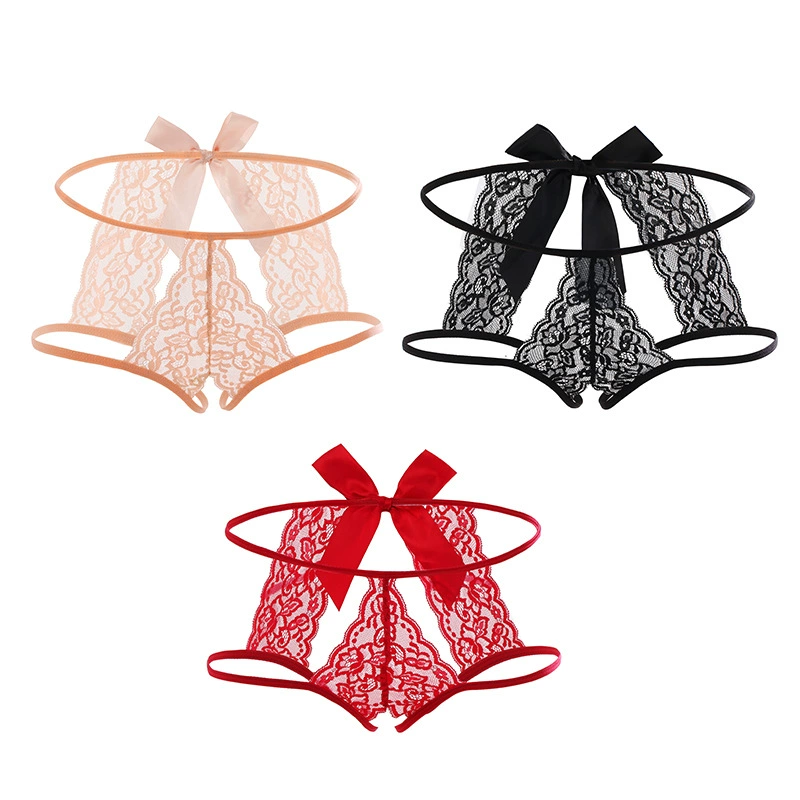 Women’s Lace Thong Panties, Bow-Back Open Design, Large Sizes M–XXXL (2–3 Colors)