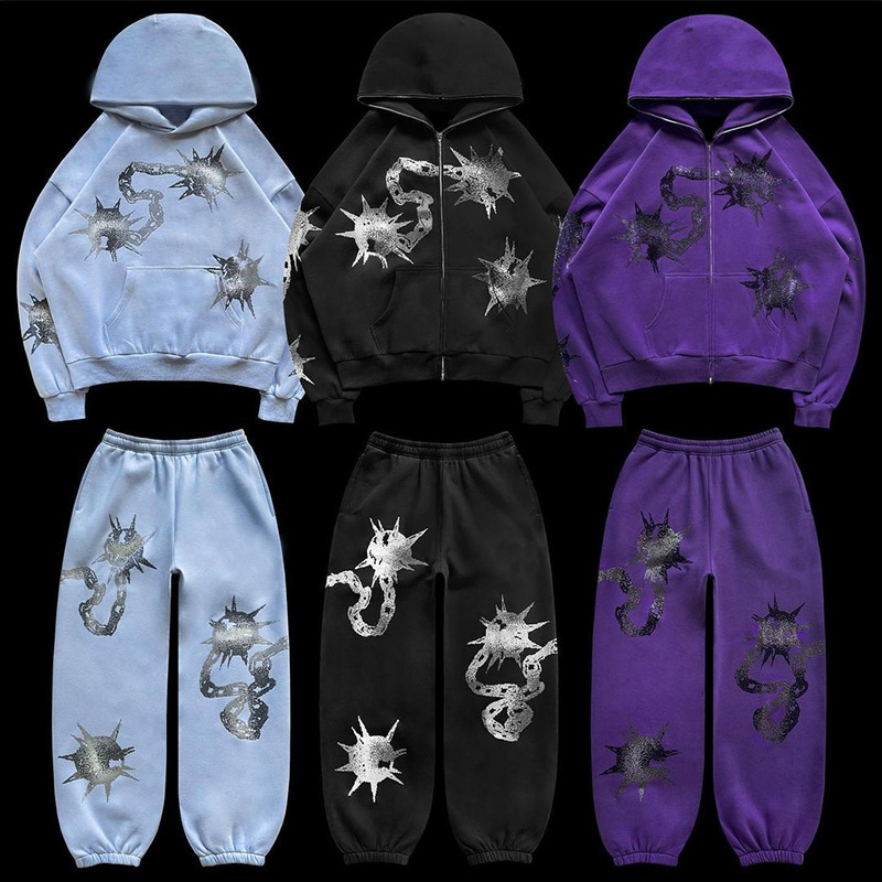 Felpa cardigan in stile americano street gothic con cappuccio stampato con motivo disegnato a mano_voghion.com