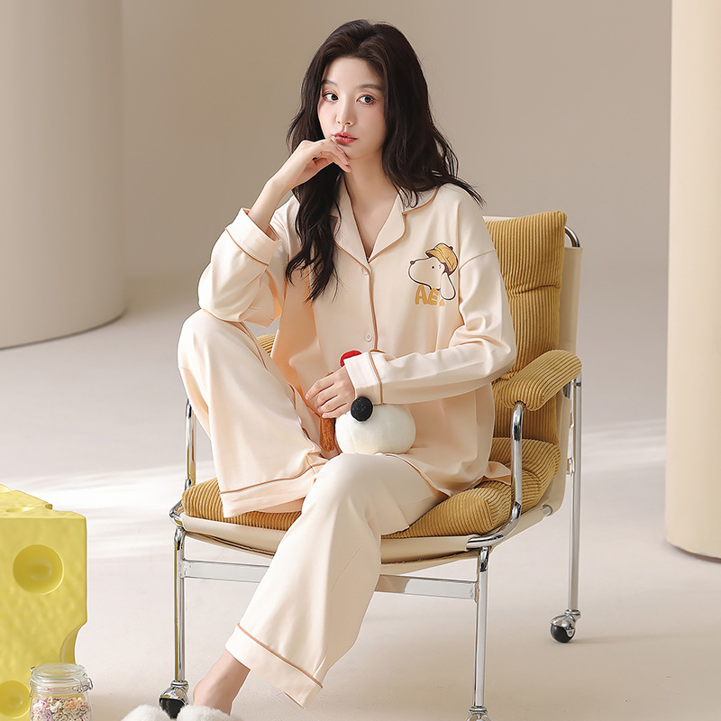 [Algodón puro] 40 pijamas de doble cara para mujer, primavera, otoño e invierno, nuevo estilo de manga larga con almohadilla para el pecho, traje de servicio a domicilio que se puede usar afuera