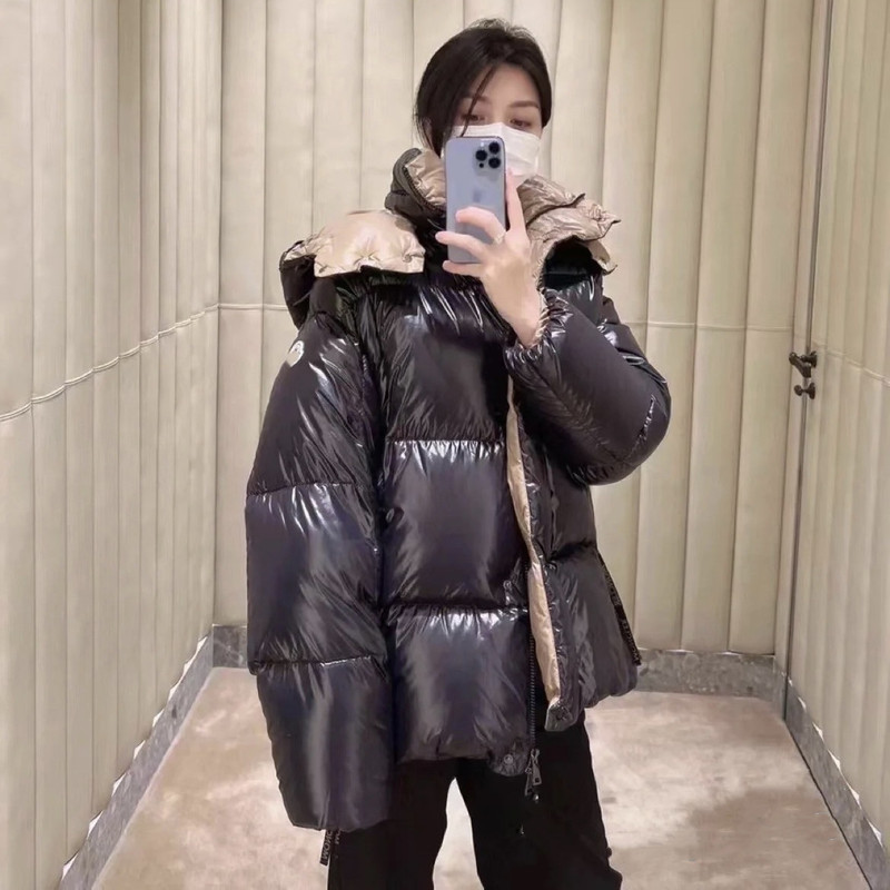In-Stock Original Label Shiny Lacquer Nylon Black Gold Color-Blocking 90% White Duck down Short down Jacket Women's Trendy Versatile